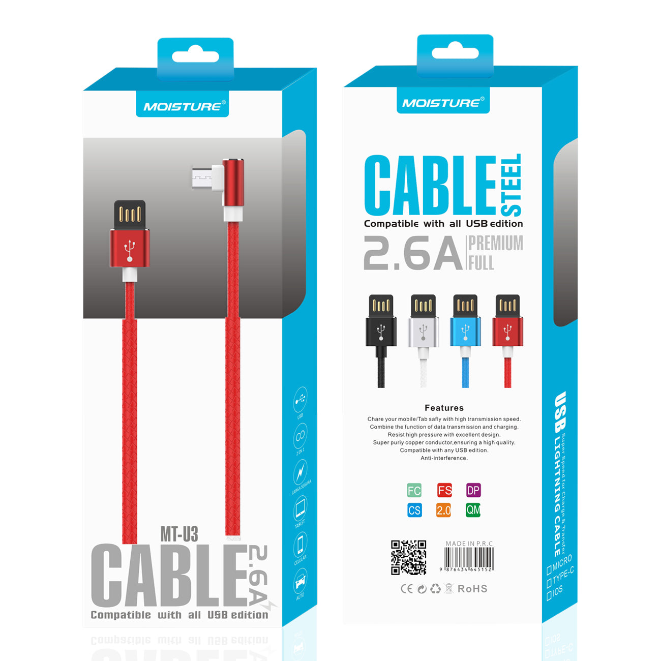 Moisture 2.6A Premium Full Steel USB To Micro Cable In Red